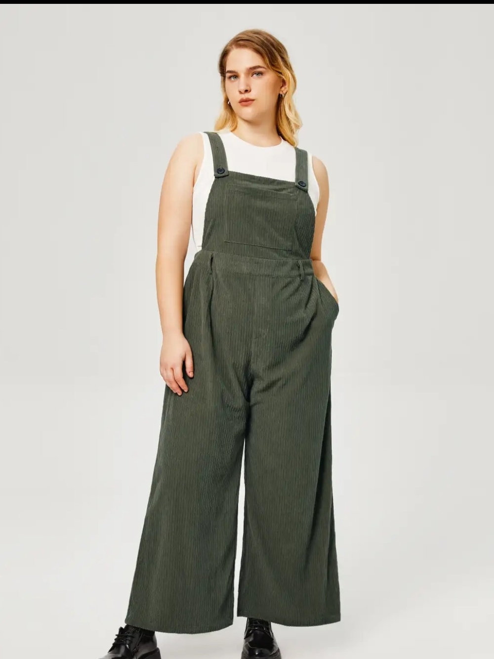 Cider Olive Green Wide-Leg Corduroy Overalls